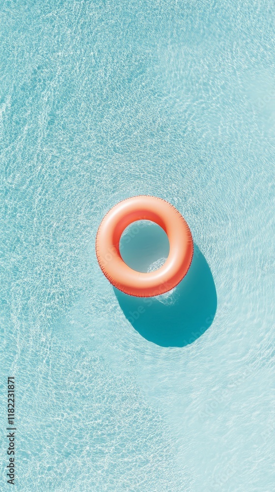 Poster inflatable ring is floating in the crystal clear water of a resort swimming pool, creating a perfect
