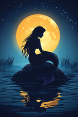 A silhouette of a mermaid sitting on a rock under a full moon, reflecting in calm waters.
