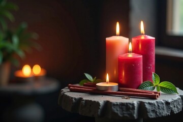 Incense sticks and candles on a stone pedestal, rustic, flames, sticks