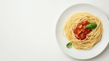 A plate of delicious spaghetti with marinara sauce and basil, isolated on a white background with empty space for text.