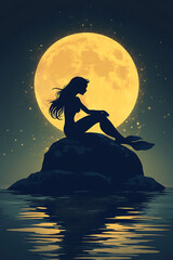 A silhouette of a mermaid sitting on a rock under a full moon, surrounded by stars.