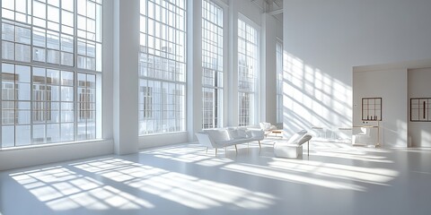 A clean, minimalist white studio room with sunlight and shadow patterns, ideal for creative designs.