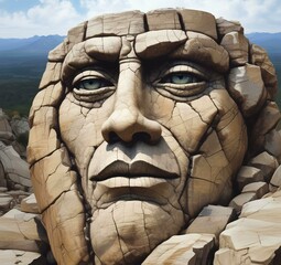 Illustration of human face in rock with cracked detail.