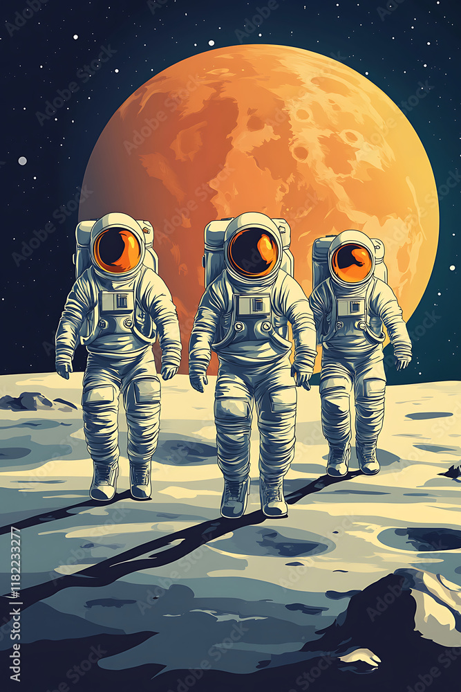Poster three astronauts walking on a lunar surface with a large planet in the background.