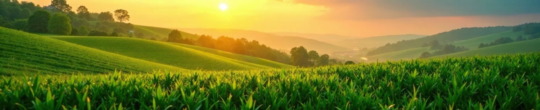 Morning dew glistens on the grass of hills with keyline plowed land, landscape, morning, sunrise