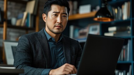 Focused asian businessman working on laptop in modern office professional environment serious viewpoint productivity concept