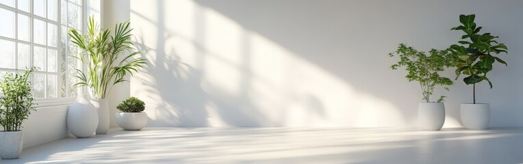 A clean, minimalist white studio room with sunlight and shadow patterns, ideal for creative designs.