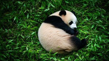 A giant panda bear sleeping on the grass in the zoo.