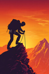 A silhouette of a climber against a vibrant sunset backdrop on a mountain peak.