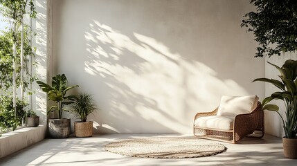 A clean, minimalist white studio room with sunlight and shadow patterns, ideal for creative designs.