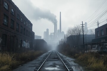 Fototapeta premium Thick gray smoke rises from industrial towers along abandoned railway tracks