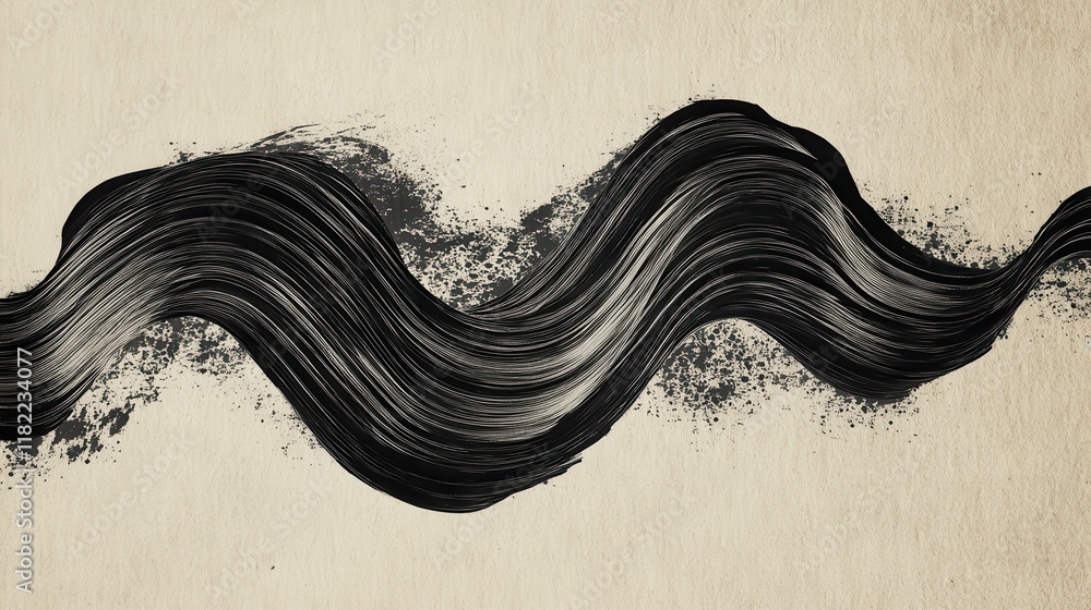 Poster dynamic black ink waves on beige canvas abstract art studio creative expression close-up view for vi
