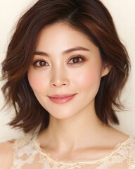 Fototapeta premium Asian woman with flawless skin posed elegantly in studio portrait natural lighting beauty concept soft focus