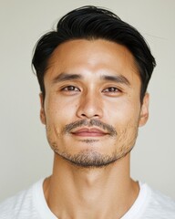 Obraz premium Calm portrait of an asian man with clear skin indoor studio setting professional natural light close-up view