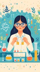 A flat vector illustration of an Indian woman scientist holding up a test tube, wearing a lab coat and goggles