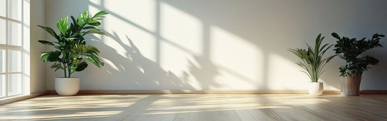 A clean, minimalist white studio room with sunlight and shadow patterns, ideal for creative designs.