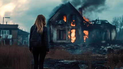 Fototapeta premium Woman in Shock Before Burned House
