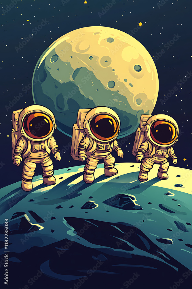 Poster astronauts exploring a lunar landscape with a large planet in the background.
