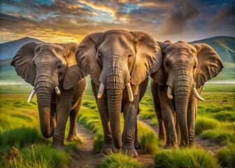 Fototapeta premium Three Elderly Elephants in Ngorongoro Crater, Tanzania
