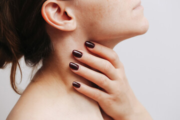Sore throat discomfort background. Medical concept of cold symptoms. Throat infection or...