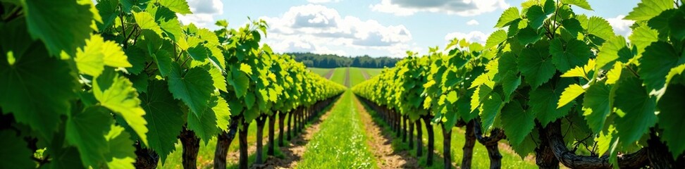 Naklejka premium Rows of lush green vines stretching towards the sky, wooden, growth, vineyard