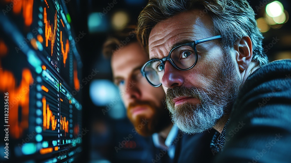 Poster focused analysts examining data on multiple screens