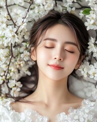 Fototapeta premium Asian woman with glowing skin surrounded by blossoms outdoor garden portrait serene environment close-up view
