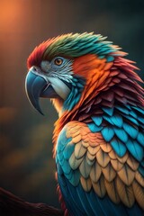 Fototapeta premium Colorful macaw perched in soft sunlight, showcasing vibrant feathers in a lush environment