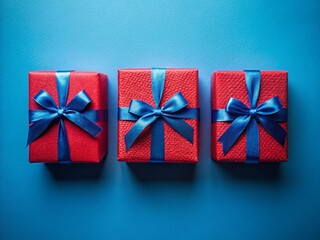 Fototapeta premium Three Red & Blue Gift Boxes on Blue Background - Festive Holiday Presents