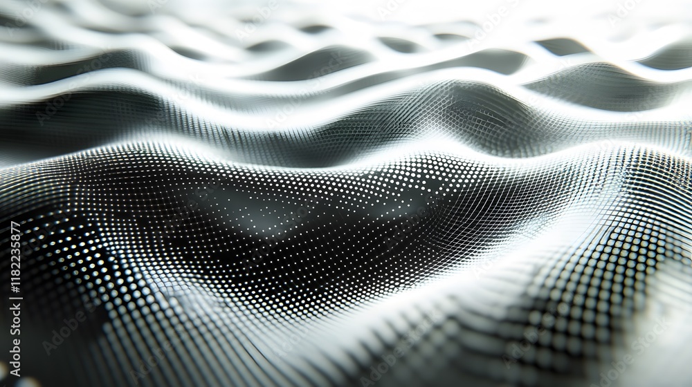 Poster flowing waves of digital patterns abstract art studio black and white close-up visual depth