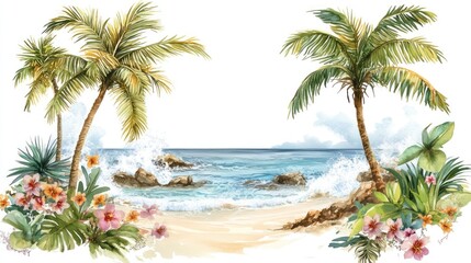 Tropical beach scene, watercolor style, paradise, calm ocean waves