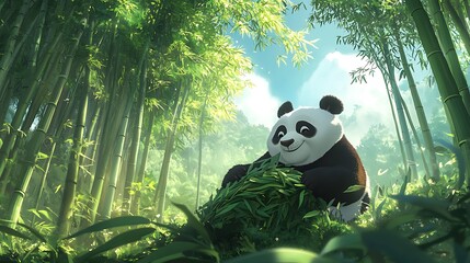 Panda bear eating bamboo leaves in bamboo forest. 3d rendering © ibrahimazy471