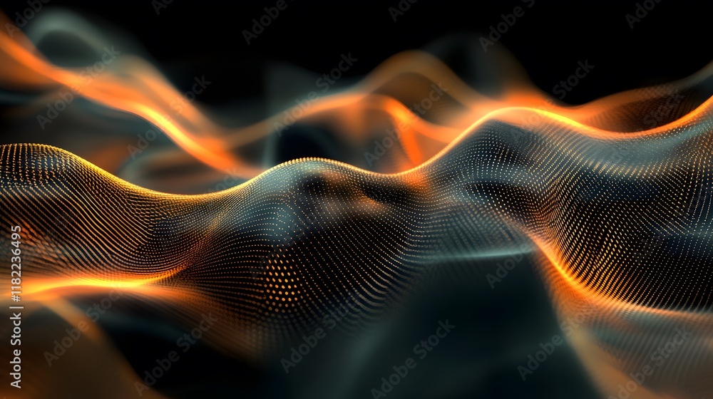 Poster dynamic wave patterns abstract visualization digital art dark environment elevated perspective motio