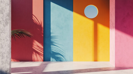 Colorful minimalist wall with sun and shadow