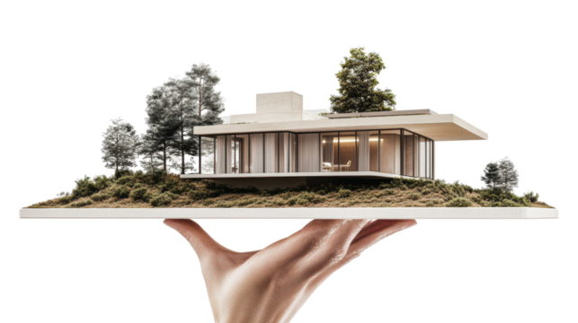 female hand holding house isolated on white background