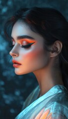 Naklejka premium Portrait of a woman with dramatic orange and teal makeup, styled in a sheer garment against a dark background.