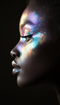 Close-up profile of a woman with iridescent glitter makeup.  The dark background accentuates the shimmering details and vibrant colors.
