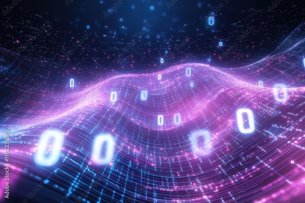 Poster digital wave of innovation: abstract representation of data flow, binary code, and digital transform