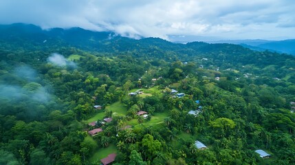 Naklejka premium Aerial view of lush green mountain village with houses nestled amongst trees and mist.