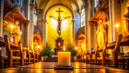 Tilt-Shift Photography: Candles, Church Altar, Crucifix, Spiritual Reflection, Prayer