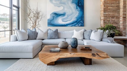 Modern living room, coastal inspired decor, large abstract blue ocean painting, white L-shaped sectional sofa, light gray throw pillows, rustic wood slab coffee table, exposed brick wall, minimalist d