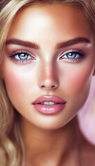 Fototapeta premium Close-up portrait of a woman with blonde hair and radiant makeup. Her blue eyes and soft features are highlighted.