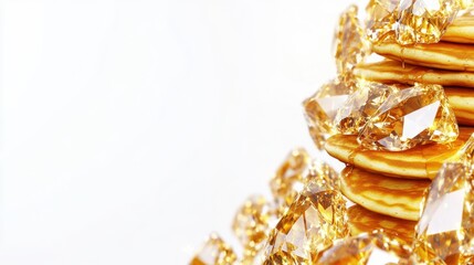 A stack of golden pancakes drizzled with maple syrup, isolated on a clean white background with plenty of room for text.