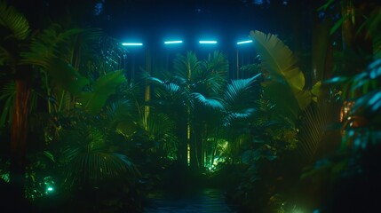 Fototapeta premium Neon Lights Illuminate Lush Tropical Night Garden