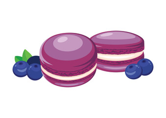 Blueberry macarons icon set vector illustration. Purple french macaroons icon vector isolated on a white background. Macarons and fresh blueberries drawing