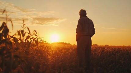 Senior farmer standing in golden soybean field during beautiful sunset