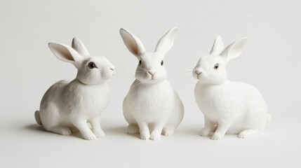 A trio of white rabbits, neatly aligned and sitting upright, their delicate features isolated against a crisp white backdrop.