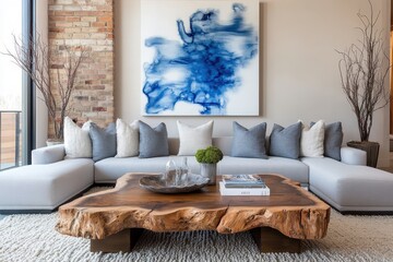Modern living room, coastal inspired decor, large abstract blue ocean painting, white L-shaped sectional sofa, light gray throw pillows, rustic wood slab coffee table, exposed brick wall, minimalist d