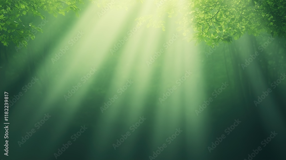 Poster sunlight streaming through leaves creating a magical forest atmosphere with greenery and serenity id