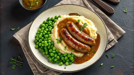 Delightful bangers and mash served with vibrant green peas and rich gravy in a cozy dining setting